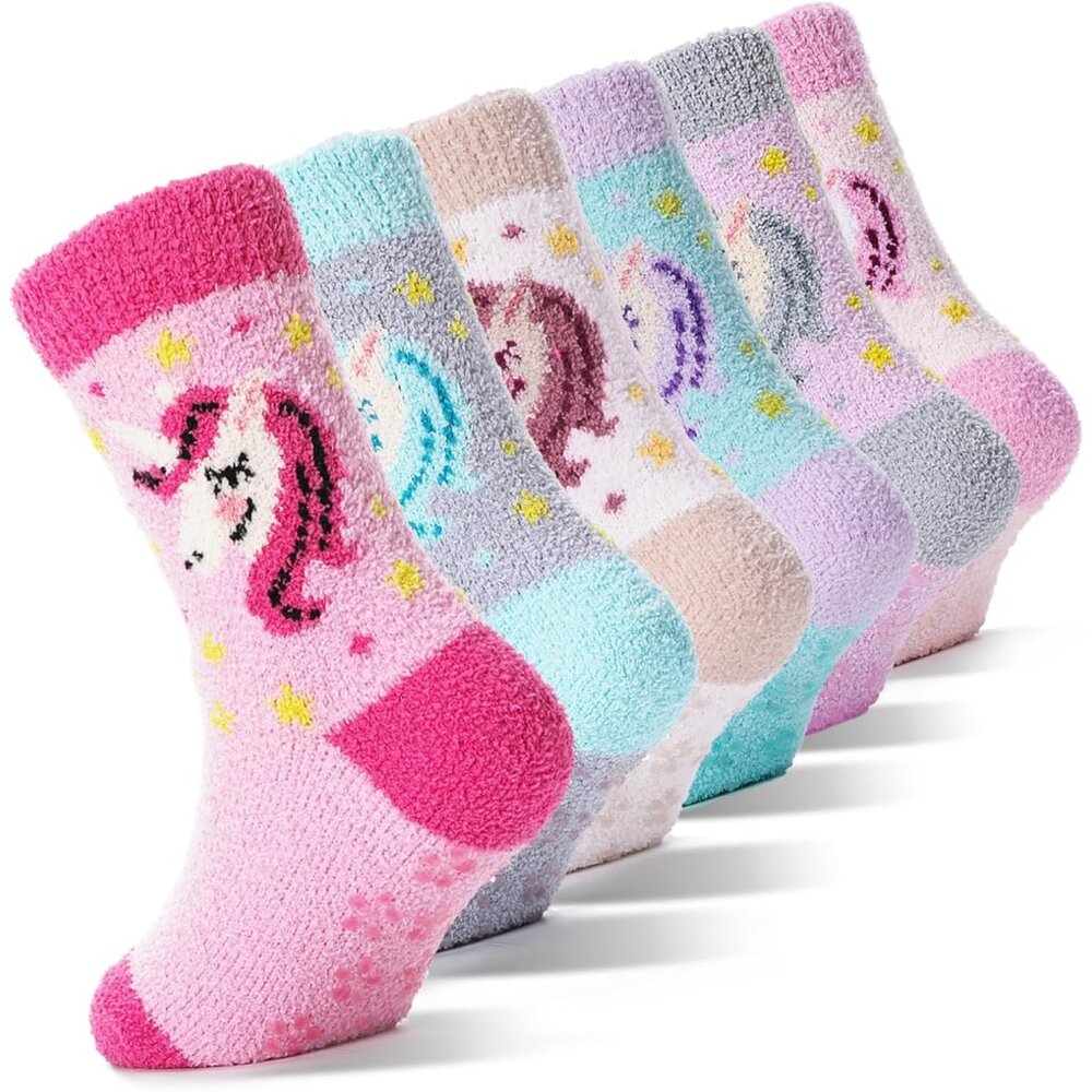 Girls Kids Toddler Fuzzy Socks with Grips Non Slip Slipper Socks Crew Cabin Cozy